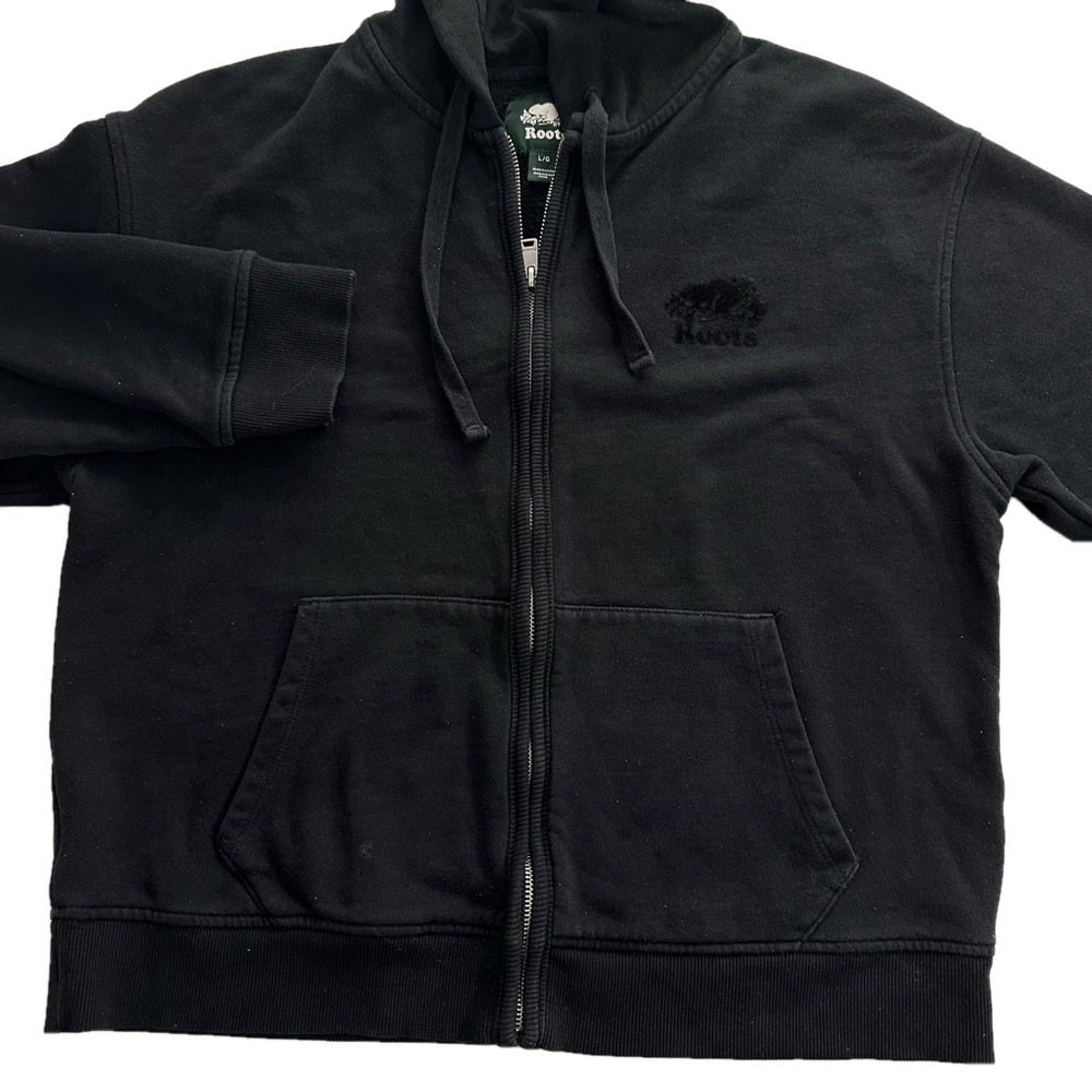 Roots Black Full Zip Hoodie Women Size Large Cottage Earthy Cabincore 23" Chest